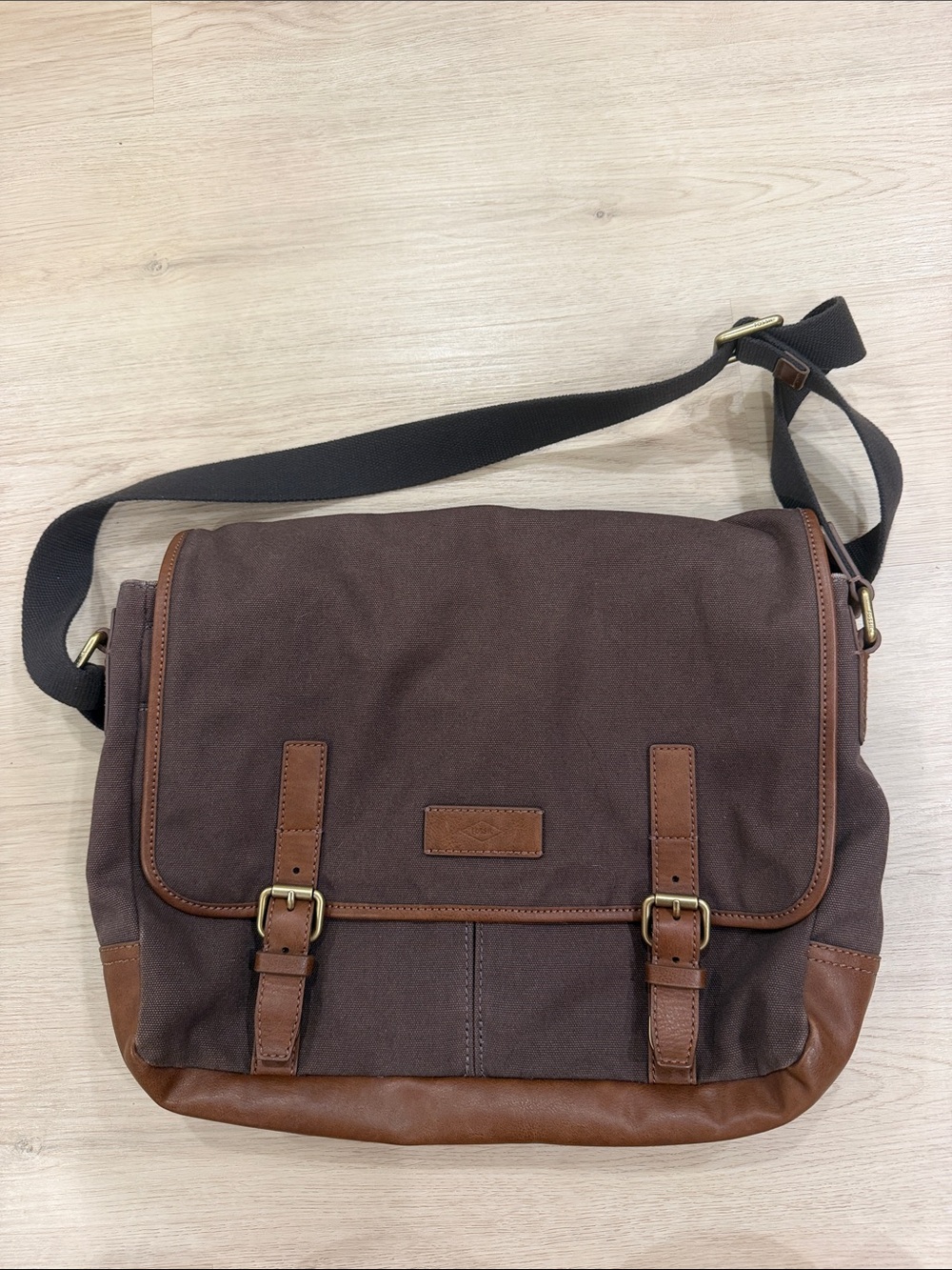 Fossil Brown Canvas Messenger Bag with Leather Trim